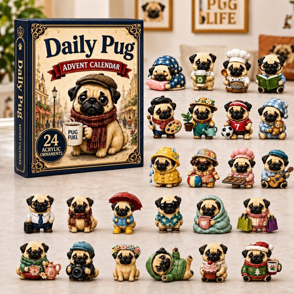 Playful Pug Advent Calendar 2026 — 24-Day Acrylic Charm Countdown, Cute Pug Collectible Holiday Gift