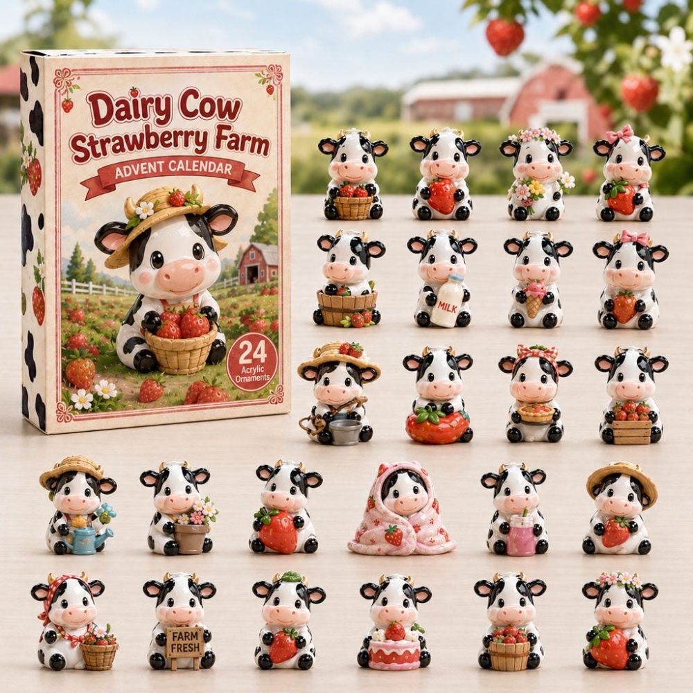 2026 Strawberry Farm Dairy Cow Advent Countdown - 24-Day Acrylic Charm Calendar, Cute Farm Animal Holiday Gift & Decor