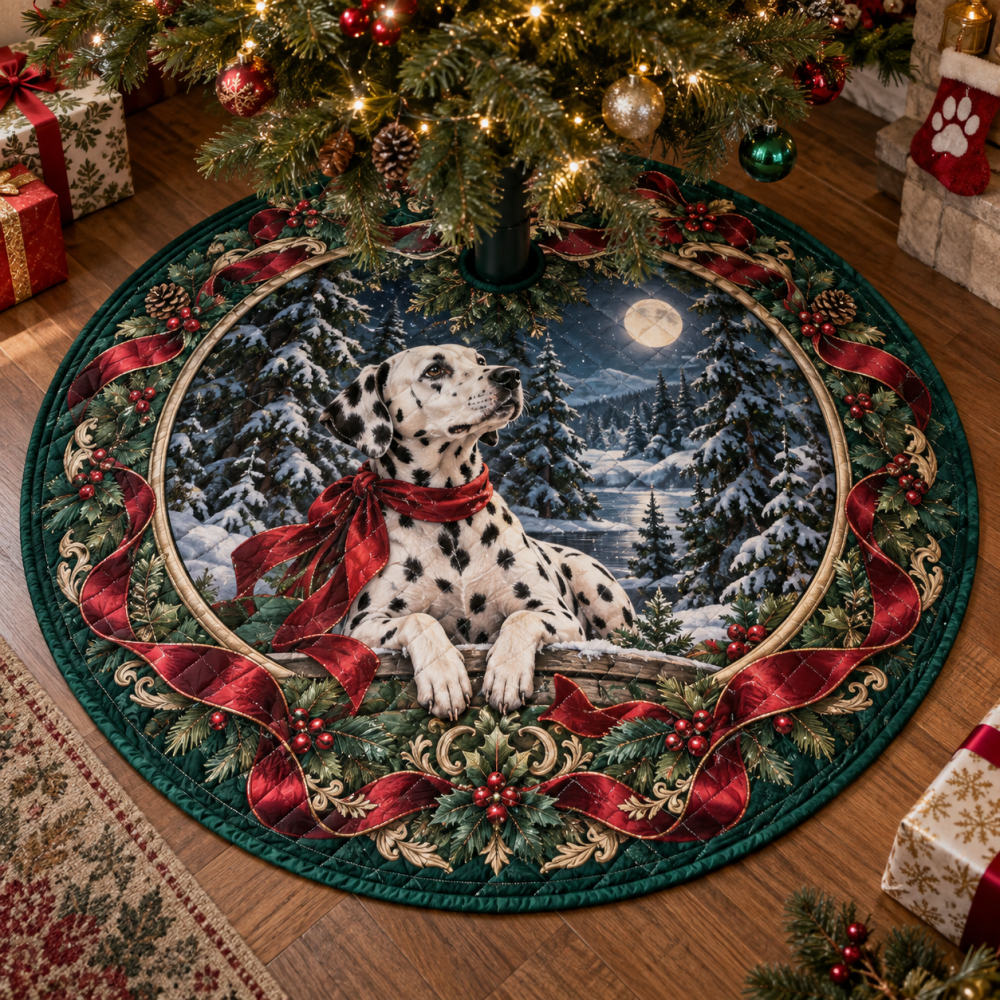 Quilted Dalmatian Christmas Tree Skirt — Spot-On Holiday Decor For Dalmatian Fans, Soft Quilting, Reversible, Charming Gift Idea