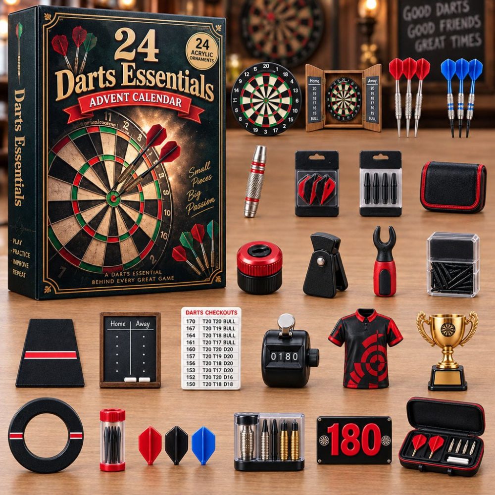 Pro Darts Essentials 24-Day Countdown Calendar 2026 — Darting Acrylic Charm Set, Daily Tools & Accessories For Players, Gift-Ready