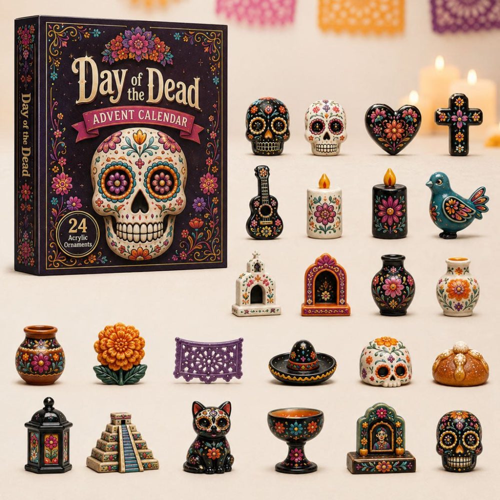Handcrafted Day Of The Dead 24-Day Advent Calendar 2026 - 24 Acrylic Charms, Sugar Skull Decor & Holiday Keepsake Gift