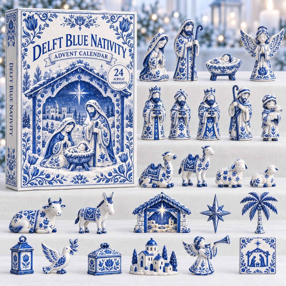 2026 Delft Blue Nativity Advent - 24 Delft-Style Acrylic Charms, Classic Blue & White Countdown Calendar, Elegant Christmas Keepsake Gift