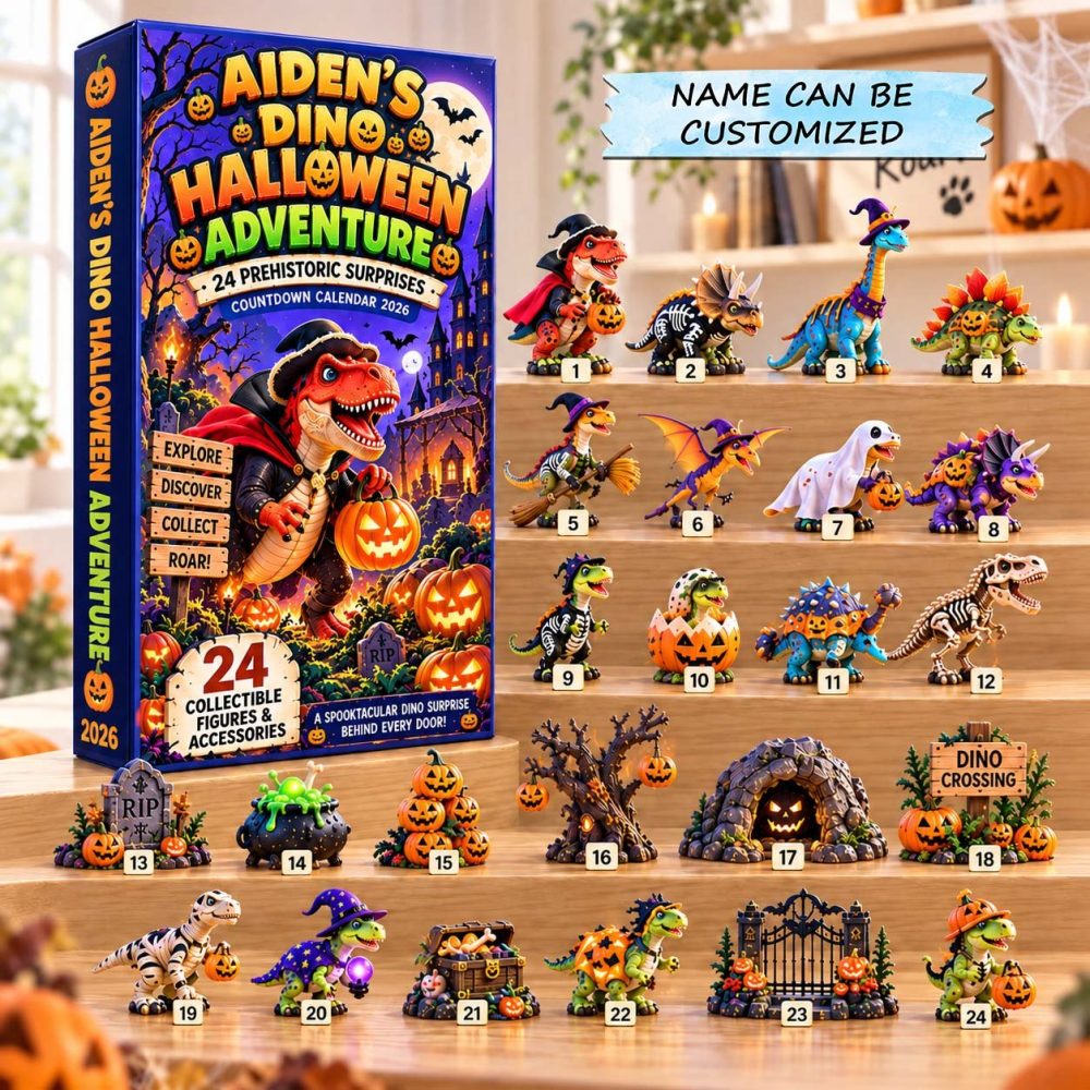 Dino Halloween Adventure 24-Day Countdown 2026 — Acrylic Spooky Dino Charms, Seasonal Treats For Kids & Party Favors