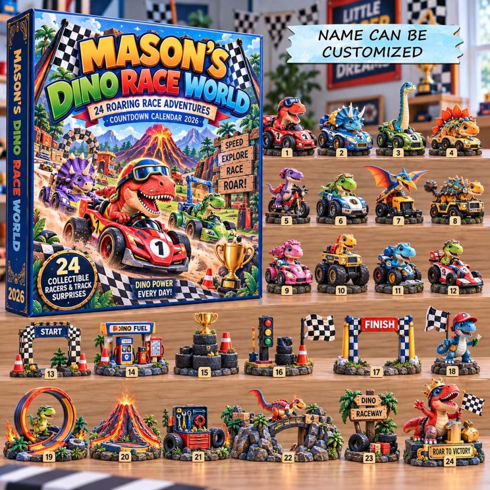 Dino Race World 24-Day 2026 Countdown — Acrylic Racing Dino Charms, Fast-Paced Gift For Kids Who Love Speed & Dinosaurs