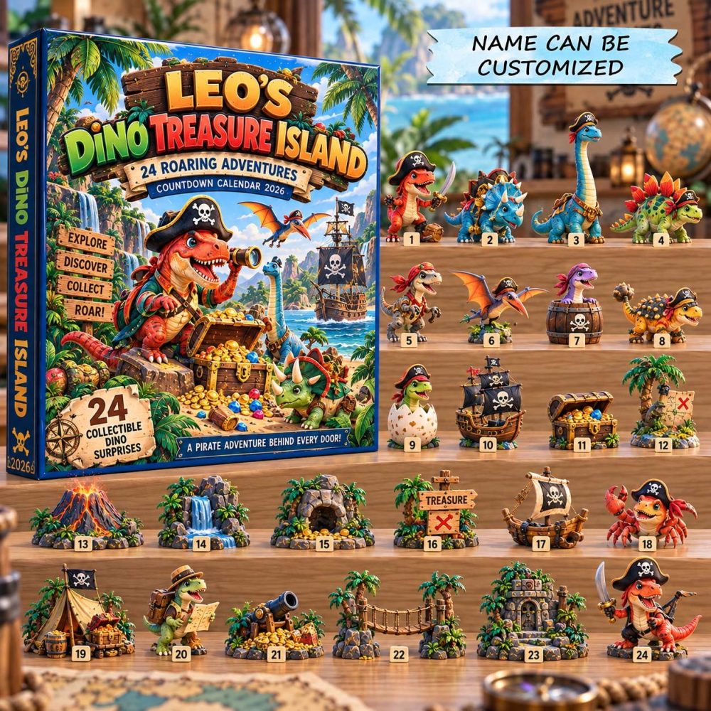 Dino Treasure Island 24-Day 2026 Countdown — Acrylic Fossil & Treasure Charms, Adventure Gift For Kids & Explorers