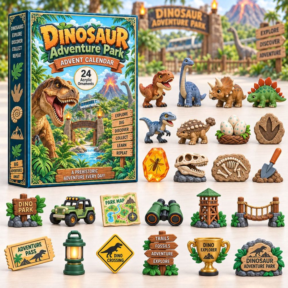 Dinosaur Adventure Park Holiday Countdown 2026 - 24 Prehistoric Acrylic Charms For Kids, Reusable Dino-Themed Gift