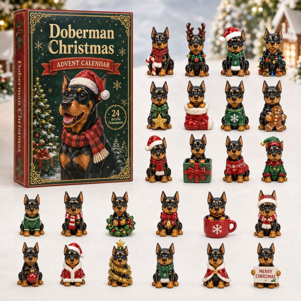 Doberman Christmas Cheer Advent Calendar 2026 — 24 Festive Acrylic Doberman Charms, Charming Holiday Countdown Gift