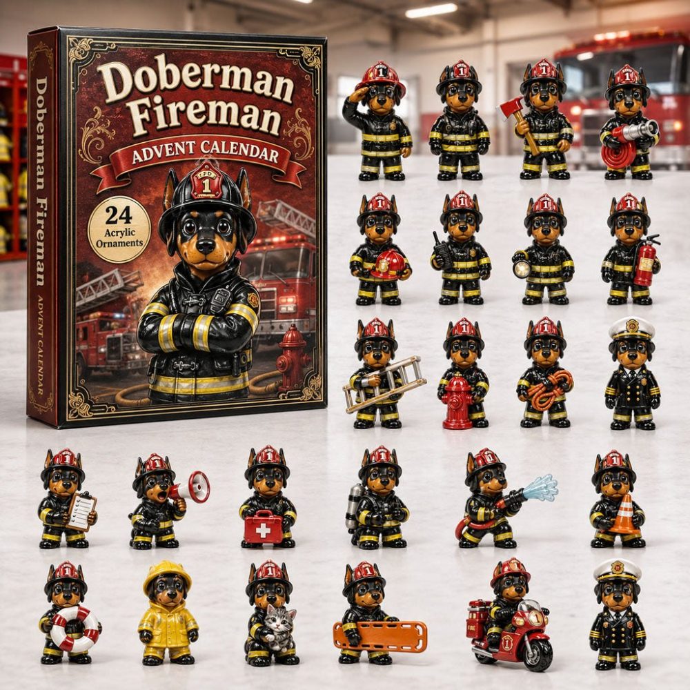 Doberman Firefighter Tribute Advent 2026 — 24-Day Acrylic Fire-Rescue Doberman Charms, Ideal Gift For Firefighters & Kids