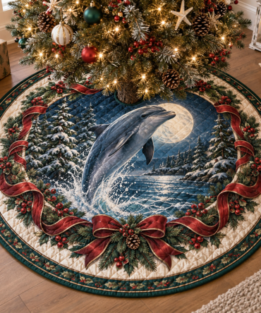 Dolphin Heritage Quilted Christmas Tree Skirt — 48" Round Premium Coastal Holiday Decor, Plush Lining, Machine-Washable, Gift-Ready
