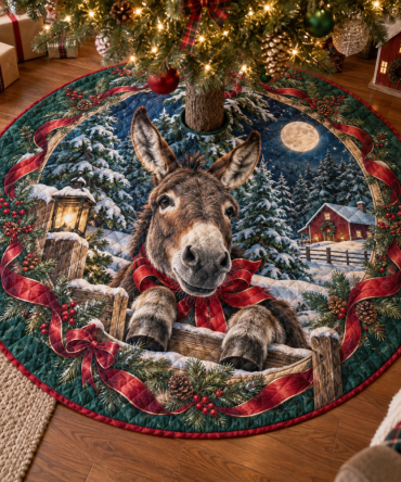 Donkey Quilted Holiday Tree Skirt — Reversible Plush Mat, Machine-Washable, Rustic & Charming Farm Animal Christmas Accent