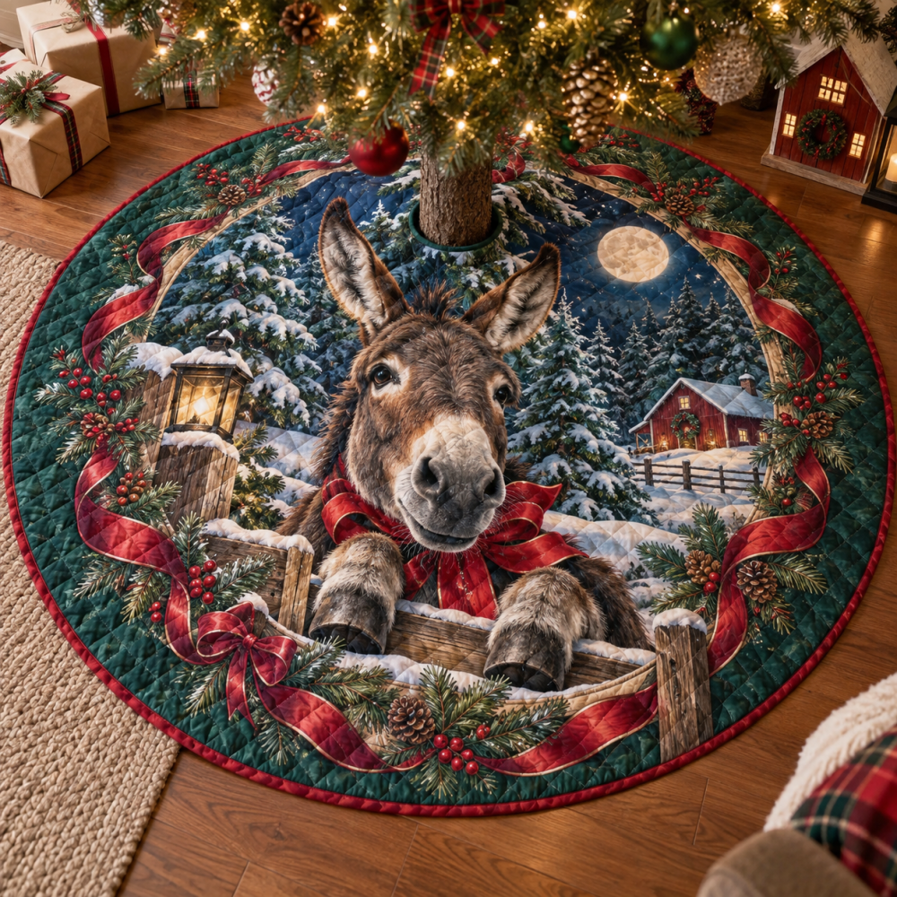 Donkey Quilted Holiday Tree Skirt — Reversible Plush Mat, Machine-Washable, Rustic & Charming Farm Animal Christmas Accent