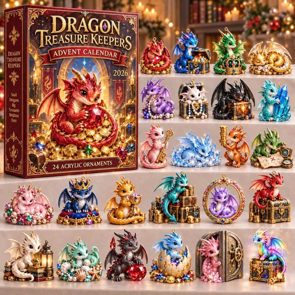 Dragon Treasure Keeper Holiday Countdown Calendar 2026 — 24 Gem-Themed Acrylic Charms, Fantasy Christmas Gift & Dragon Ornaments