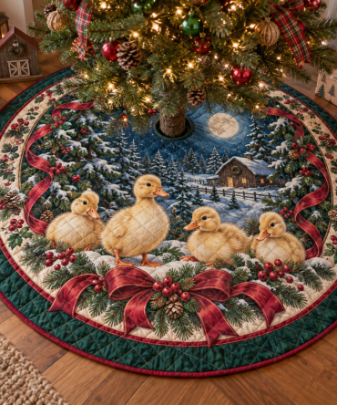 Ducklings Quilted Holiday Tree Skirt — Soft Reversible Mat, Machine-Washable, Cute Waterfowl Design For Family & Nursery-Friendly Décor