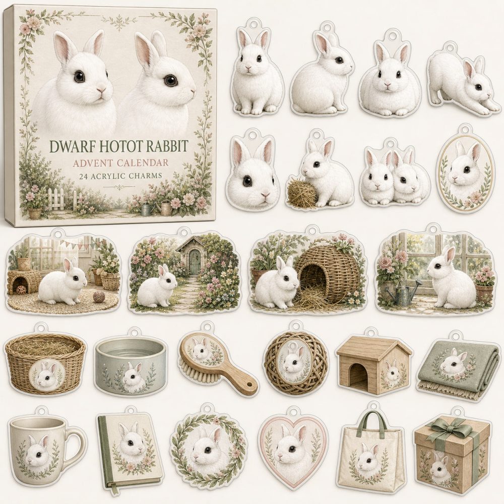 Dwarf Hotot Rabbit 24-Day Charm Countdown — 24 Cute Acrylic Bunny Charms In Gift Advent Box For Collectors, Crafts & Gifts