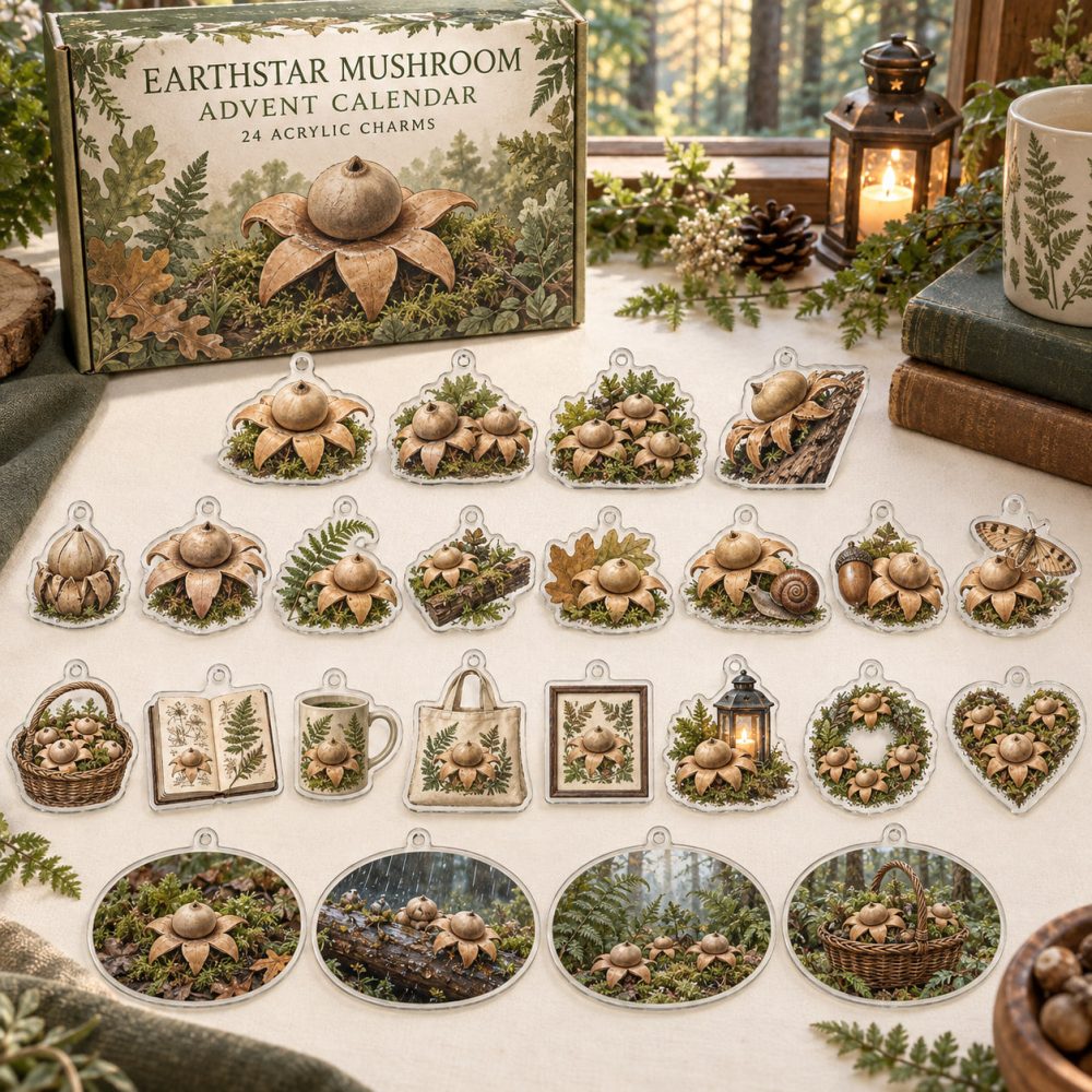 2026 Earthstar Mushroom Countdown Calendar — 24 Acrylic Charms, Botanical Fungi Ornaments & Nature Holiday Gifts