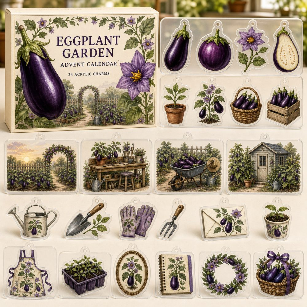 Eggplant Garden Advent Countdown — 24 Acrylic Vegetable Charms, Grower-Themed Holiday Gift For Gardeners, Chefs & Kids Learning To Grow