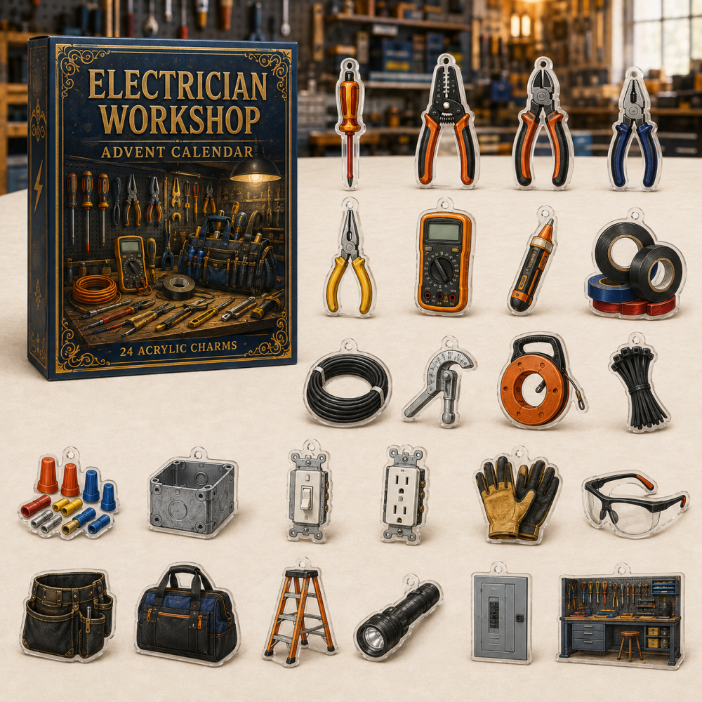 Electrician Workshop Advent Calendar — 24 Acrylic Charms, Tools & Wiring Miniatures, Holiday Gift For Electricians, Tradesmen & Diyers