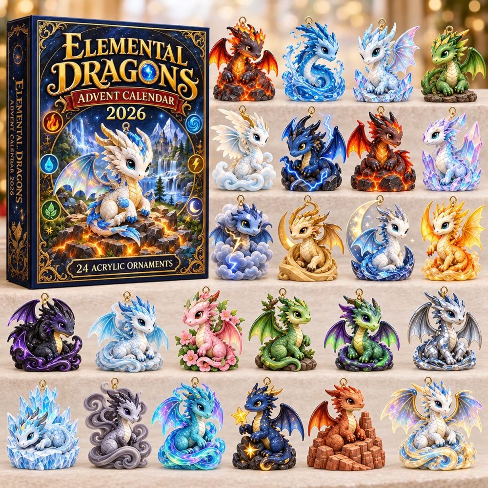 Elemental Dragon Holiday Countdown Calendar 2026 — 24 Mythic Acrylic Charms, Fantasy Christmas Gift & Collector’S Ornament Set