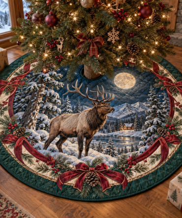Heritage Quilted Elk Holiday Tree Skirt — Majestic Elk Print Christmas Tree Skirt, Soft Patchwork, Machine-Washable Lodge & Cabin Decor