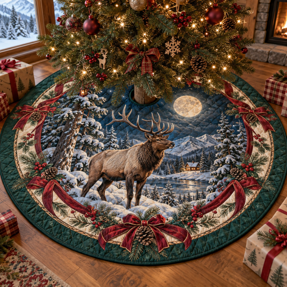 Heritage Quilted Elk Holiday Tree Skirt — Majestic Elk Print Christmas Tree Skirt, Soft Patchwork, Machine-Washable Lodge & Cabin Decor