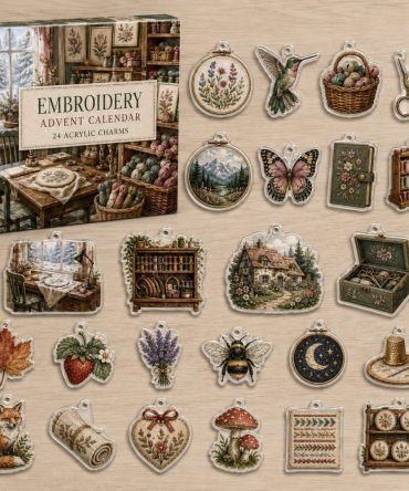 24-Day Embroidery Charm Countdown — Acrylic Needle, Hoop & Stitch Mini Charms For Stitchers, Craft Gift Set