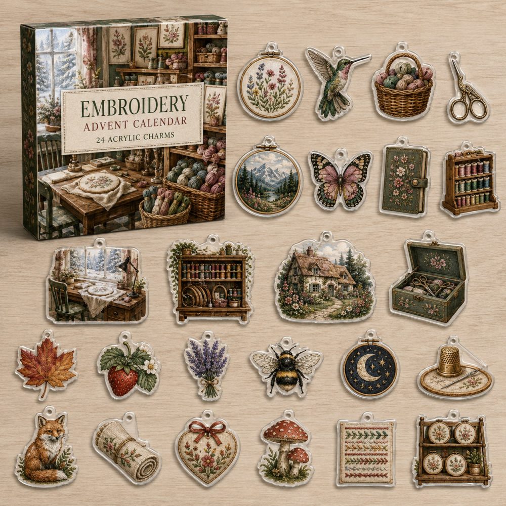 24-Day Embroidery Charm Countdown — Acrylic Needle, Hoop & Stitch Mini Charms For Stitchers, Craft Gift Set