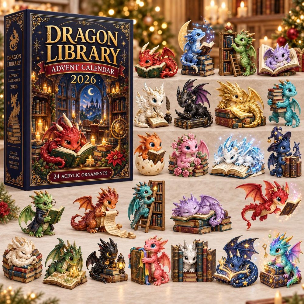 Enchanted Dragon Library Holiday Countdown Calendar 2026 — 24 Bookish Acrylic Charms, Magical Christmas Gift For Readers & Collectors