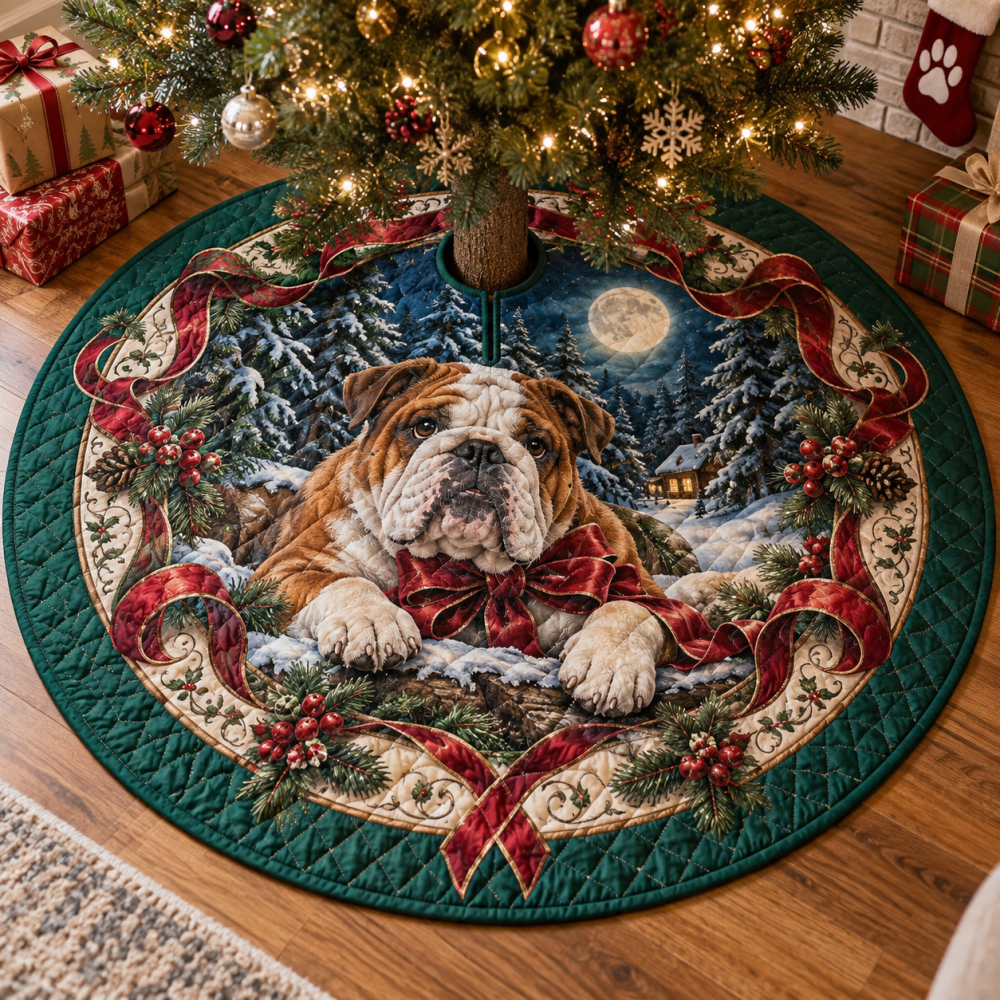 Quilted English Bulldog Christmas Tree Skirt — Luxurious Holiday Decor For Bulldog Fans, Soft Padding, Reversible, Gift-Ready