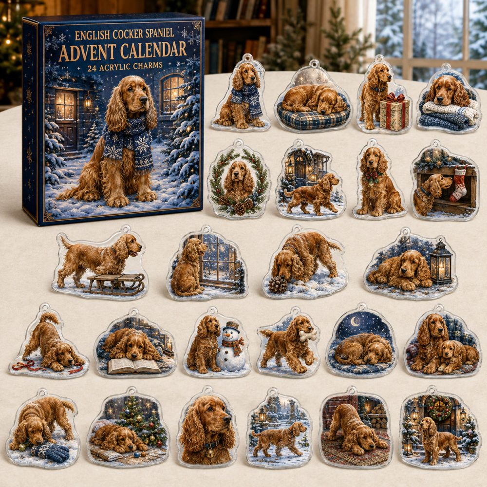 English Cocker Spaniel Holiday Advent Calendar — 24 Acrylic Dog Charms, Christmas Countdown Ornaments & Gift For Dog Lovers