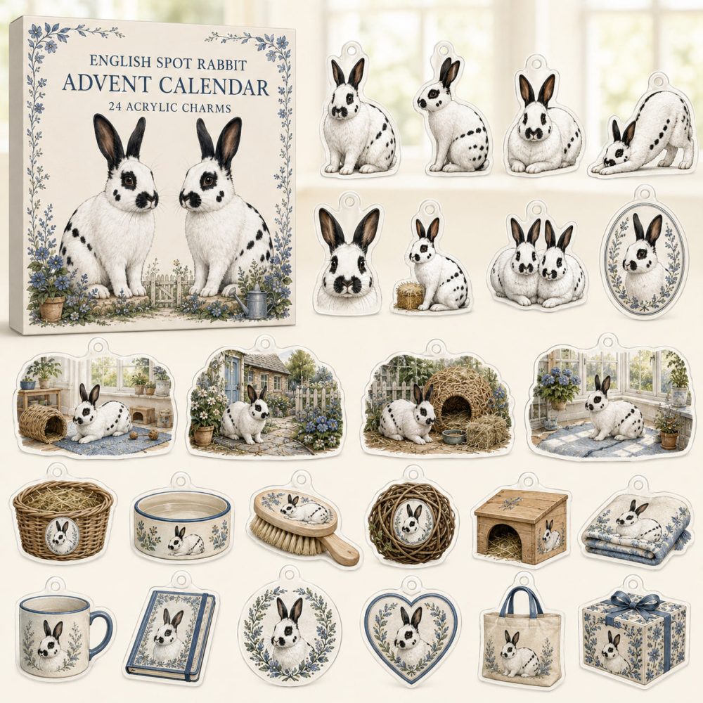 English Spot Rabbit 24-Day Charm Countdown — 24 Acrylic Rabbit Charms In Gift Advent Box For Collectors, Jewelry & Crafts