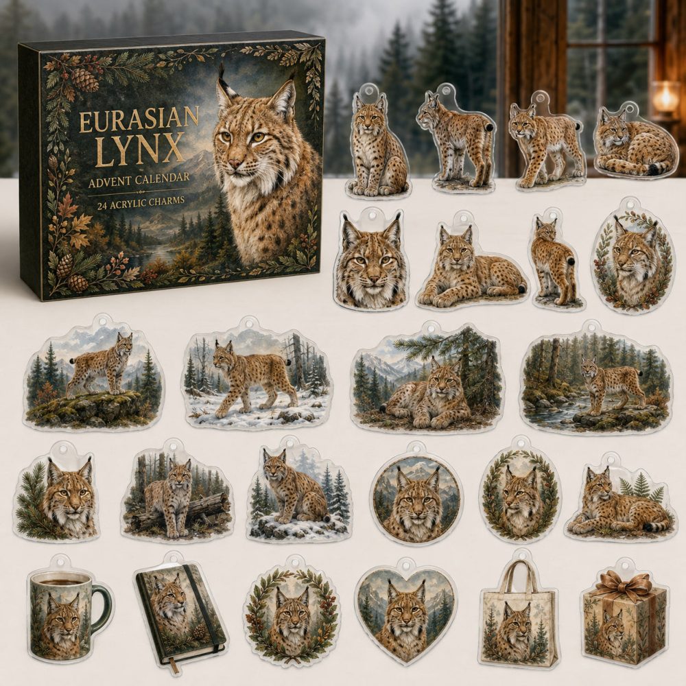 Eurasian Lynx Holiday Countdown Box — 24 High-Quality Acrylic Charms For Advent, Ornaments & Gifts For Cat And Wildlife Fans