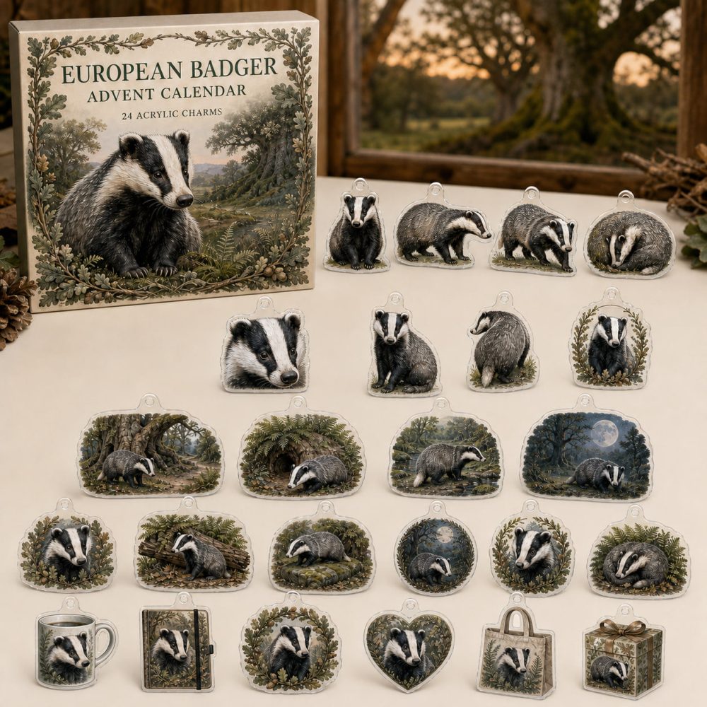 European Badger Holiday Countdown Box — 24 High-Detail Acrylic Charms For Advent, Ornaments & Wildlife Gift Sets