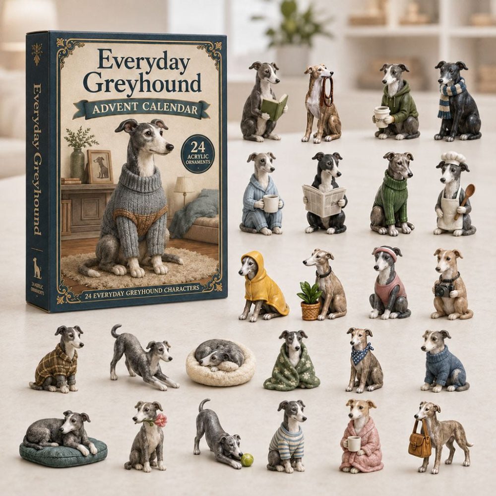 Greyhound Raincoat 24-Day Advent Calendar 2026 — Acrylic Dog Charms, Cozy Weatherproof Theme, Perfect Gift For Greyhound Owners