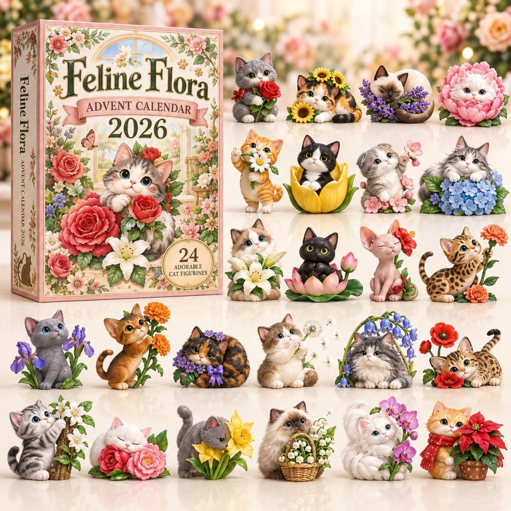 Feline Flora Advent Calendar 2026 — 24-Day Floral Cat Acrylic Charm Set For Cat Lovers, Botanical Holiday Countdown Gift