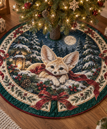 Charming Quilted Fennec Fox Holiday Tree Skirt — Cute Fennec Fox Christmas Tree Skirt, Soft Patchwork, Machine-Washable Cozy Accent