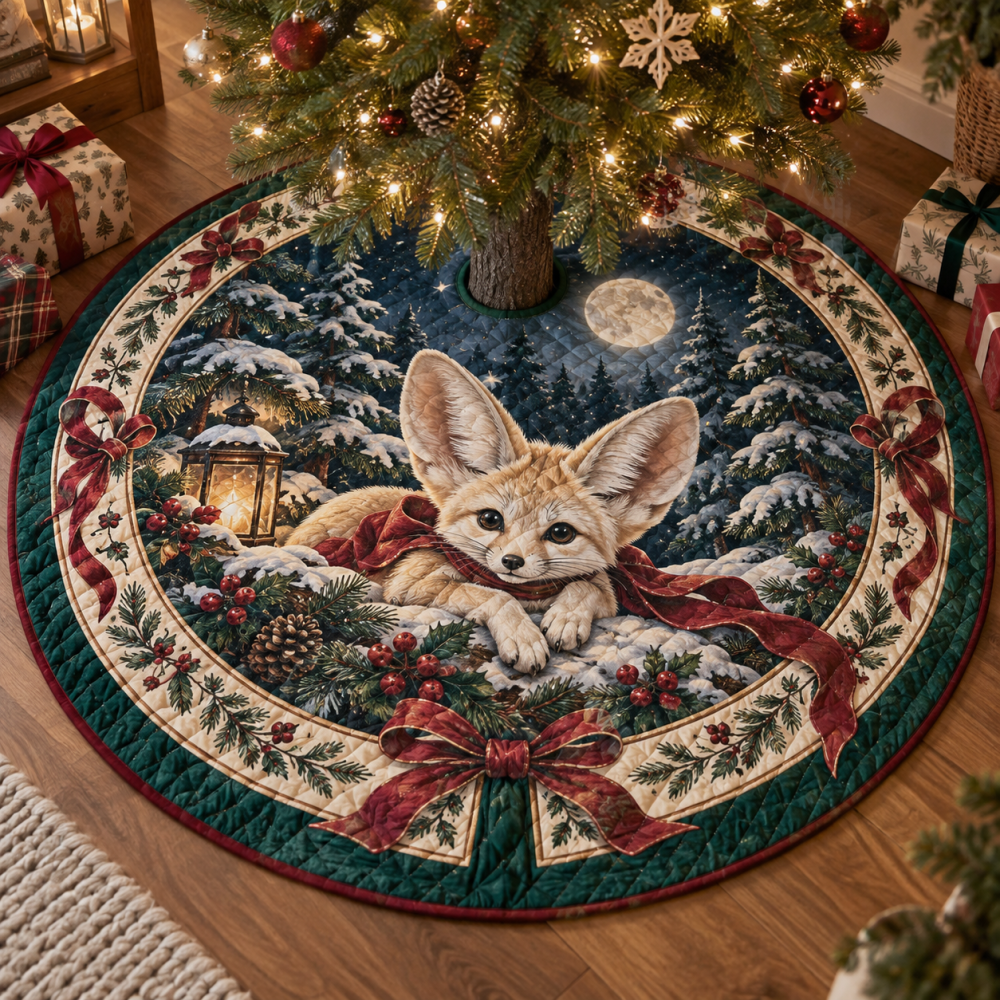 Charming Quilted Fennec Fox Holiday Tree Skirt — Cute Fennec Fox Christmas Tree Skirt, Soft Patchwork, Machine-Washable Cozy Accent