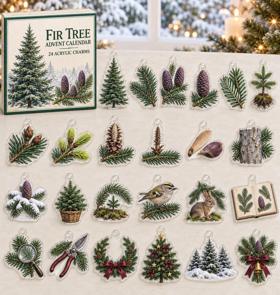 Fir Tree 24-Day Holiday Countdown - Rustic Forest Acrylic Charm Set With 24 Miniature Tree Designs For Cozy Seasonal Decor & Gifts