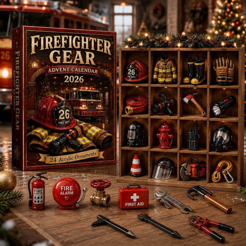 Firefighter Gear 24-Day Advent Calendar 2026 — Mini Helmet & Tools Acrylic Charms, First Responder Gift