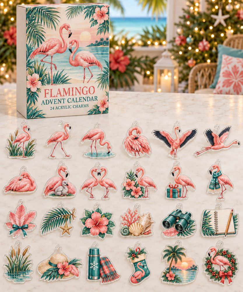 Tropical Flamingo Holiday Countdown - 24-Day Acrylic Charms Collection, Vibrant Beachy Ornament Gift