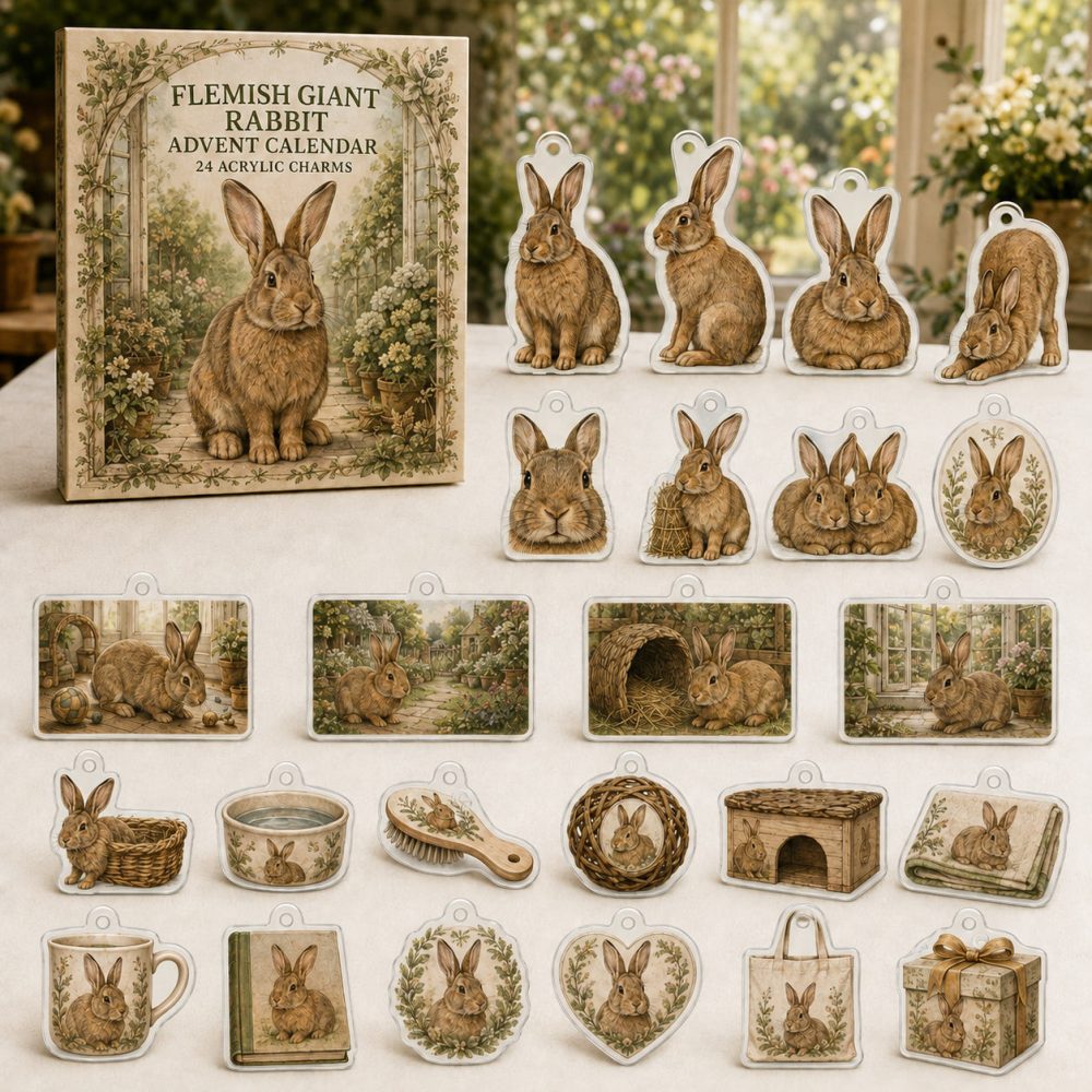 Flemish Giant Rabbit Holiday Countdown Calendar — 24 Grand Acrylic Charms Honoring Large-Breed Rabbits, Perfect Gift For Rabbit Owners