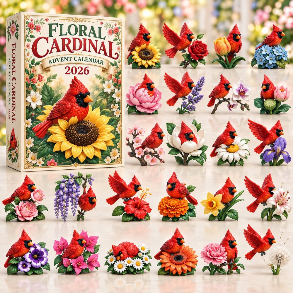 Floral Cardinal Holiday Advent Calendar - 24-Day Acrylic Cardinal Charms, Botanical Christmas Countdown & Keepsake Gift