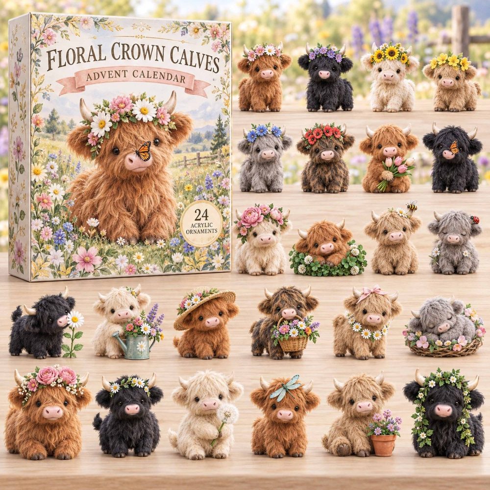 Floral Crown Calves Christmas Countdown Calendar - 24-Day Advent With 24 Acrylic Charms, Cute Farmhouse Holiday Gift