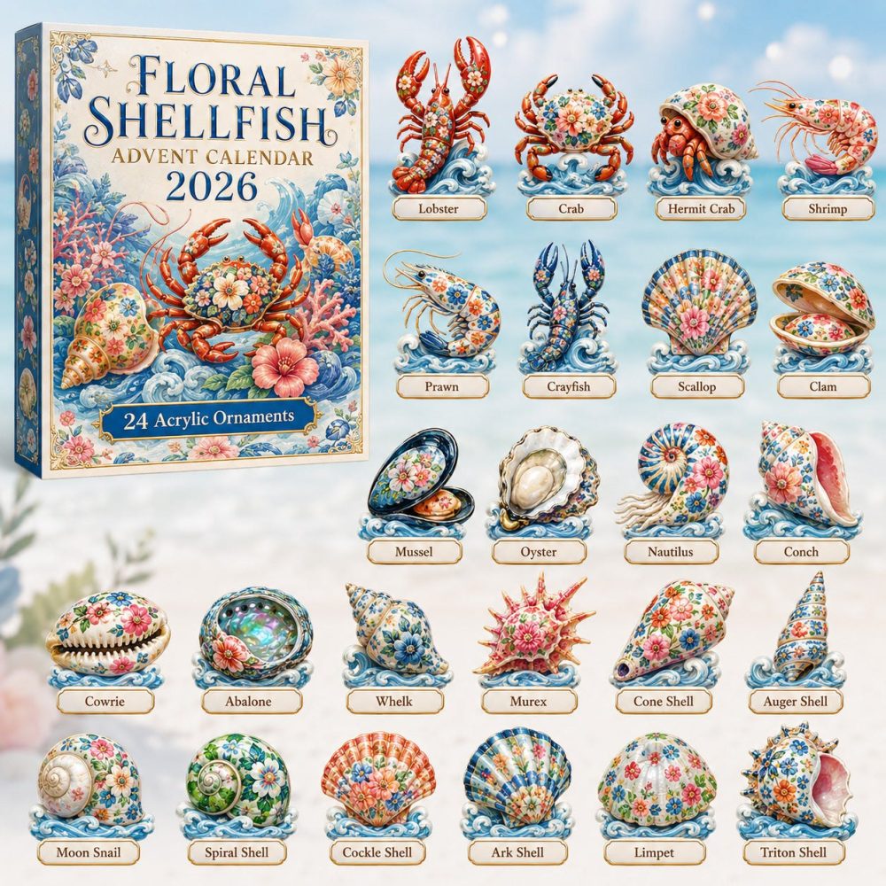 Floral Shellfish Coastal Advent 2026 - 24-Day Acrylic Charm Calendar With Seashell & Flower Charms, Perfect Beach Gift