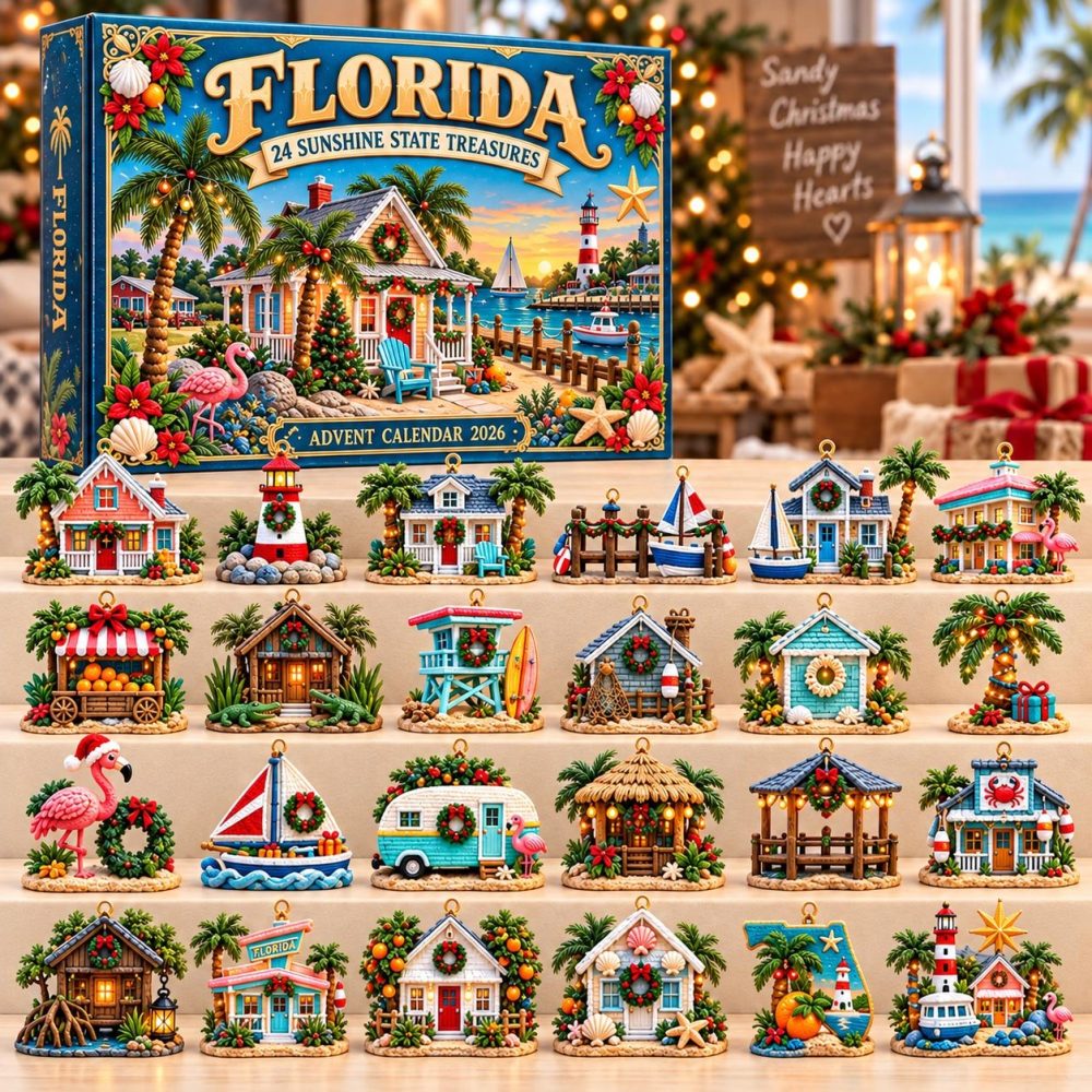 Florida Sunshine Holiday Countdown Calendar 2026 — 24 Beach-Themed Acrylic Charms, Tropical Christmas Gift & Coastal Ornaments