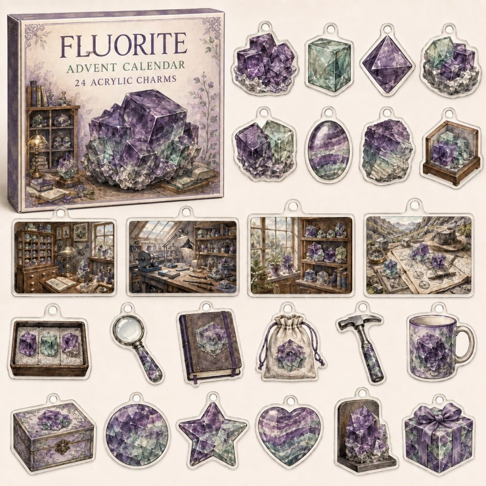 Fluorite 24-Day Charm Countdown — 24 Acrylic Fluorite-Style Charms In Advent Box For Focus, Study, Jewelry & Crafts