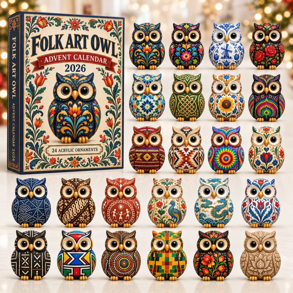 2026 Folk Art Owl Countdown Calendar — 24 Acrylic Charm Bird Keepsakes, Rustic Woodland Holiday Gift For Birdwatchers