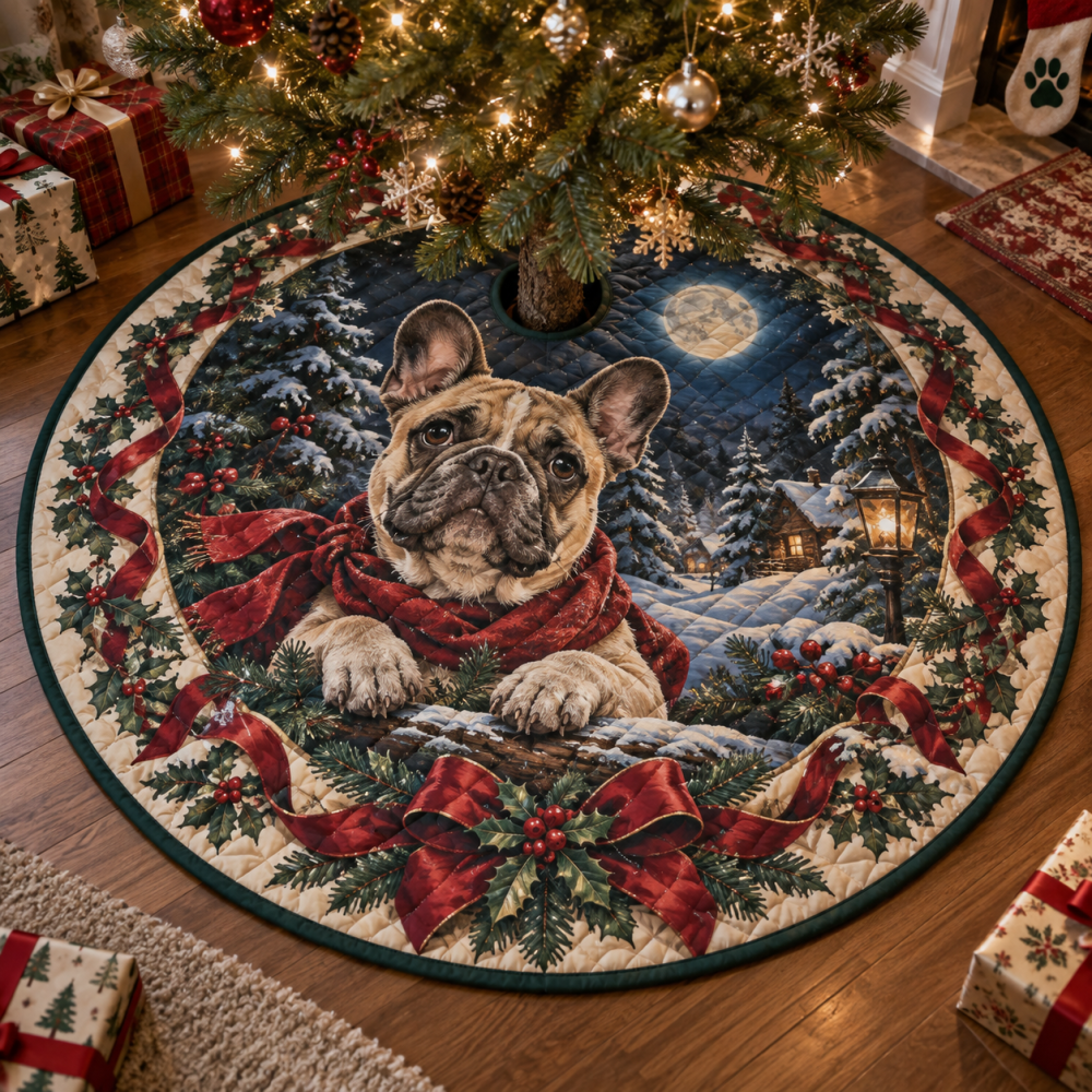 Quilted French Bulldog Christmas Tree Skirt — Premium Holiday Dog Decor, Soft Reversible Fabric, Perfect Gift For Bulldog Lovers