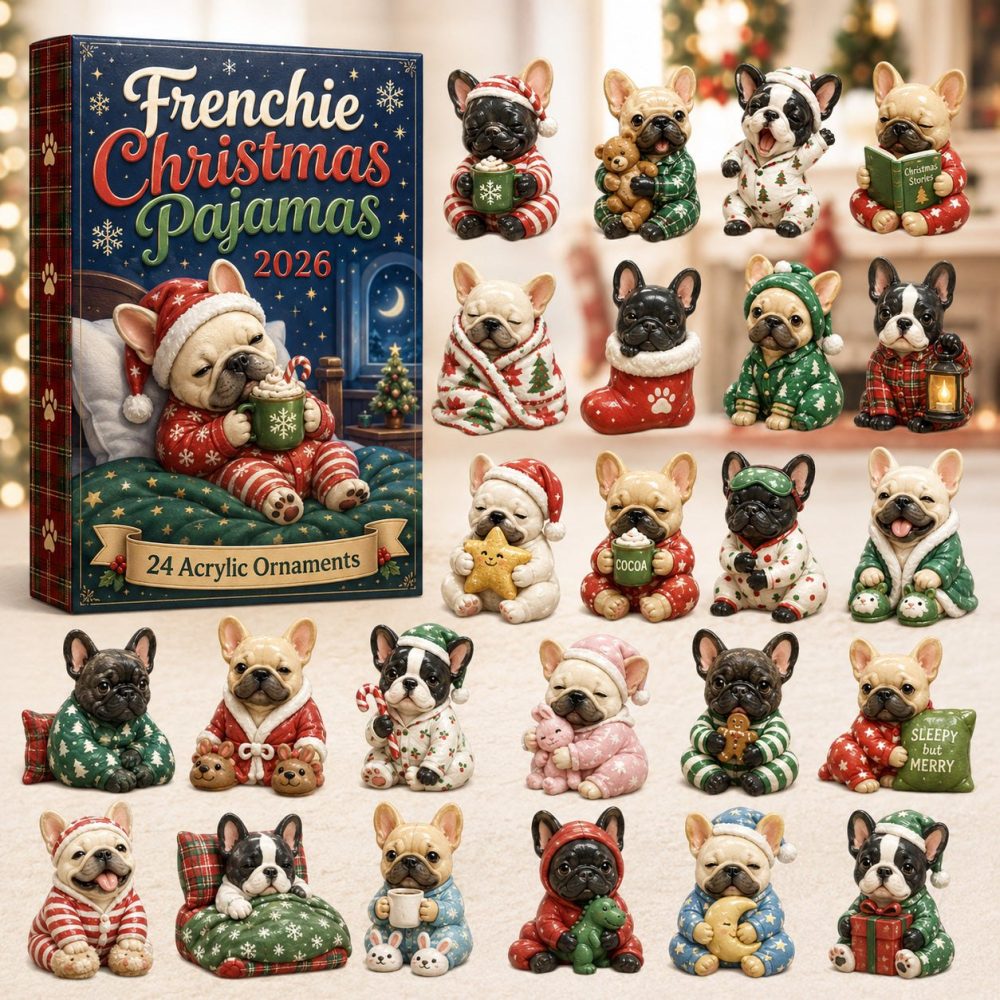 Cozy Frenchie Christmas Pajamas Holiday Countdown 2026 - 24-Day Acrylic Charm Advent Calendar, Festive Pet Gift Set