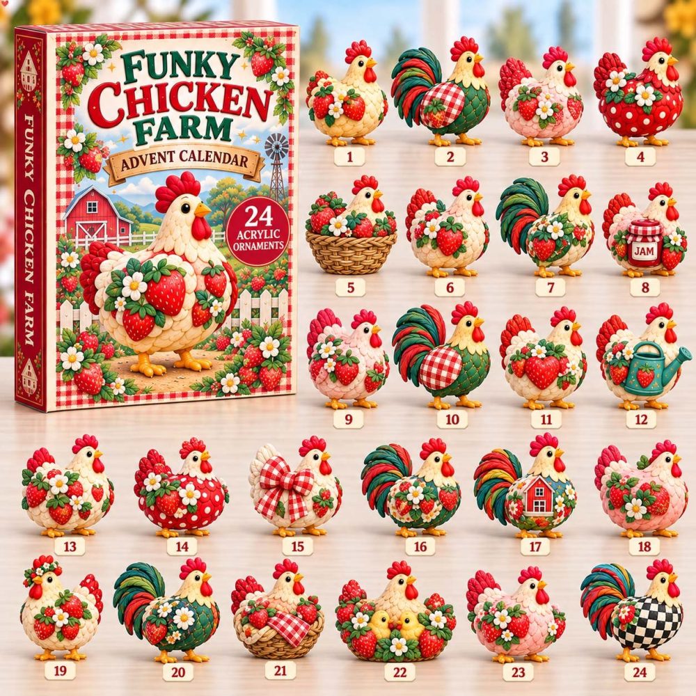 2026 Strawberry Funky Chicken Farm Advent Calendar - 24-Day Acrylic Charms, Whimsical Farm & Fruit-Themed Holiday Countdown Gift