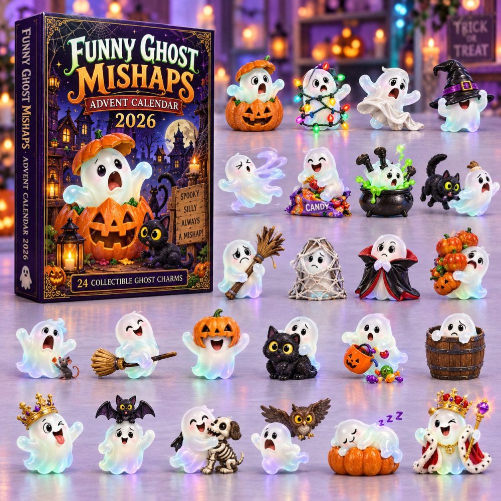 2026 Funny Ghost Mishaps Countdown — 24 Cute Acrylic Ghost Charms For Daily Halloween Surprises, Family Fun & Spooky-Play Decor